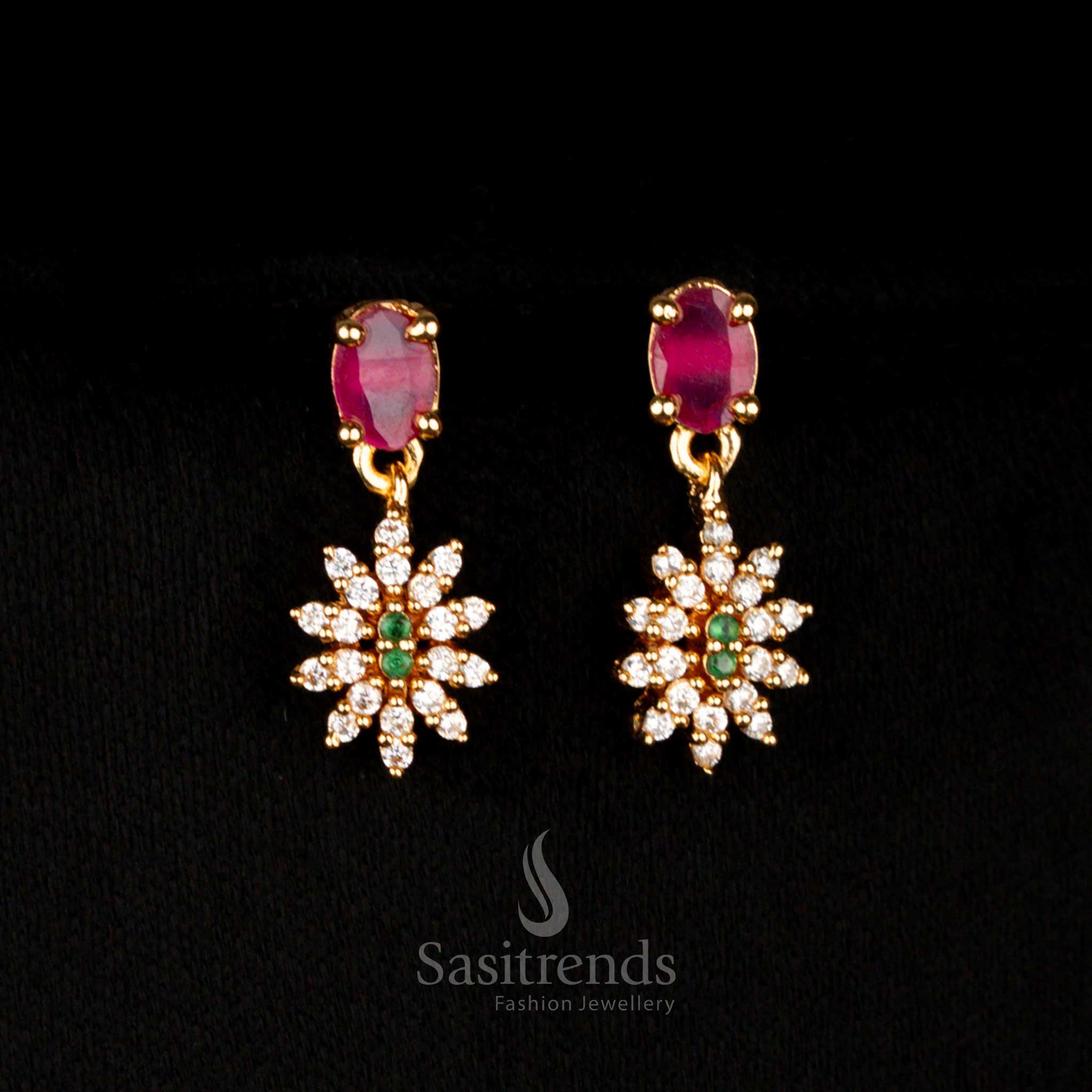 Traditional micro gold plated American Diamond earrings with floral detailing and radiant multi-colour oval stones, finished in a graceful drop design for festive charm – Sasitrends