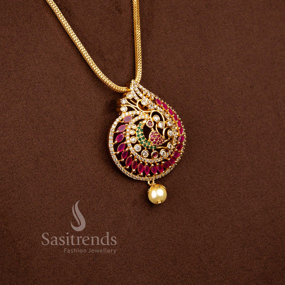American diamond embellished peacock motif micro gold plated pendant chain necklace designed in striking multi colour finish for traditional events – Sasitrends