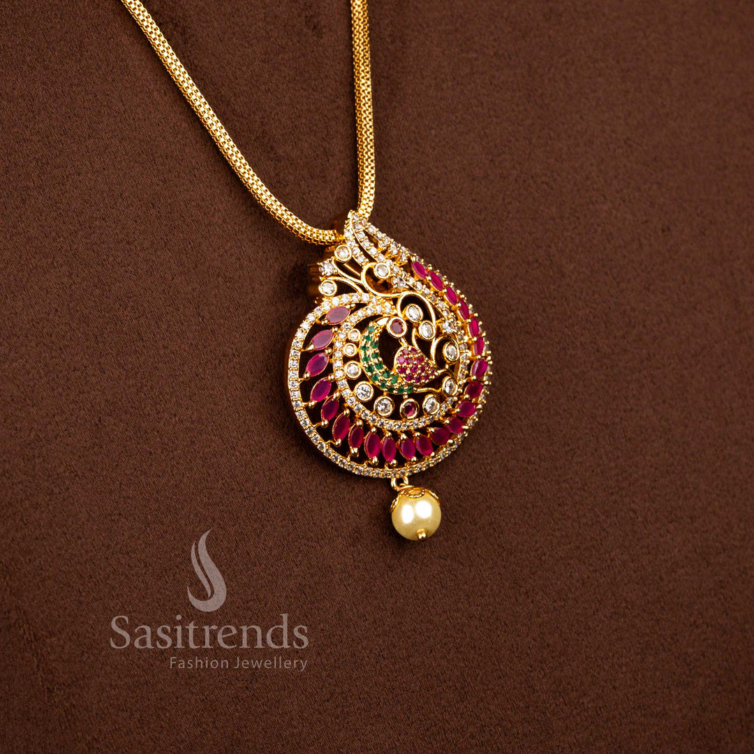 American diamond embellished peacock motif micro gold plated pendant chain necklace designed in striking multi colour finish for traditional events – Sasitrends