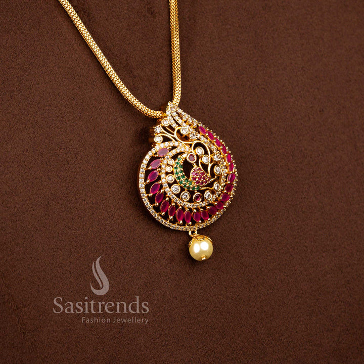 Guaranteed Micro Gold Plated American Diamond Stone Peacock Pendant Chain Necklace for Festive Saree Styling & Cultural Functions