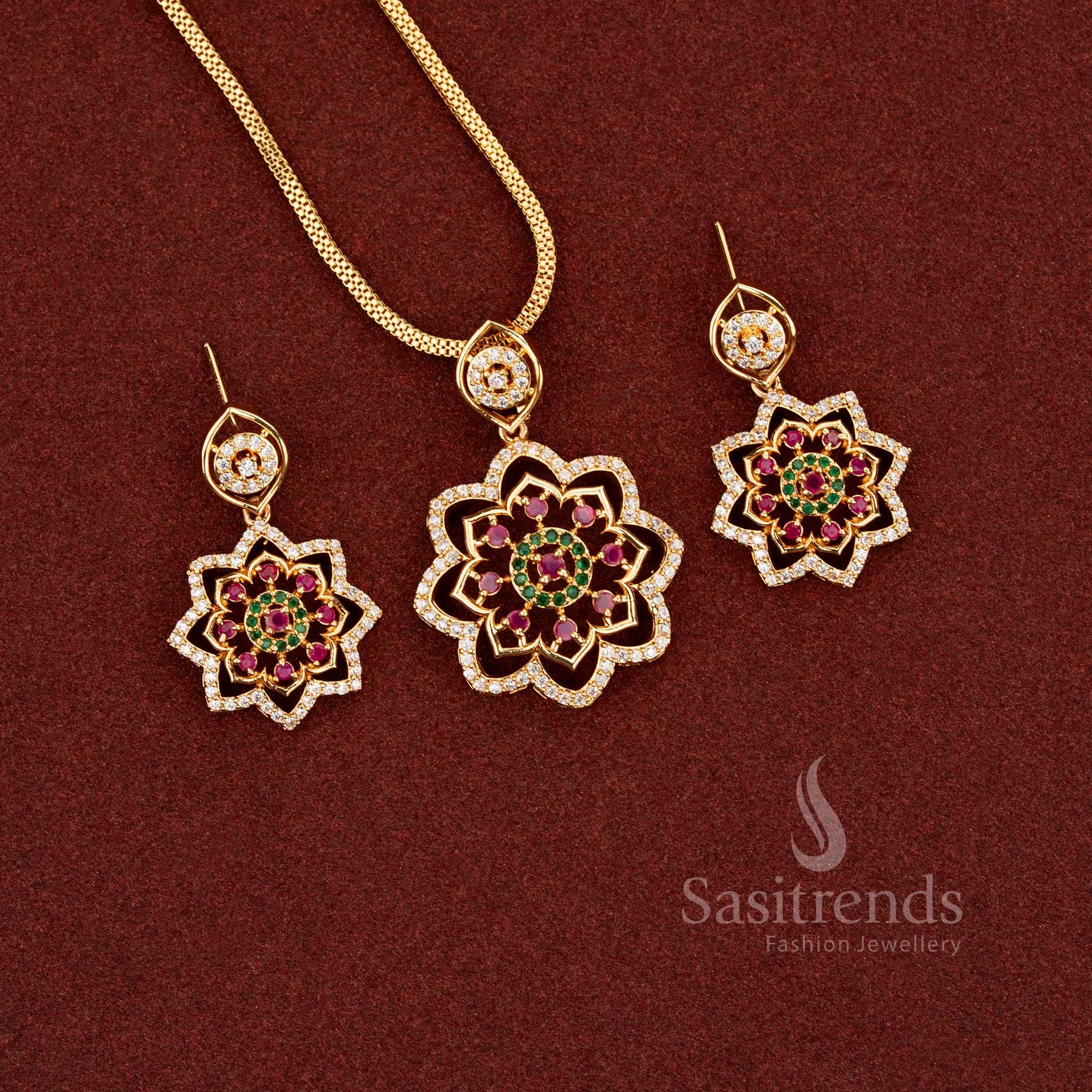 Opulent multi-colour American Diamond floral pendant chain with coordinated earrings creating radiant festive brilliance in Jewellery - Sasitrends