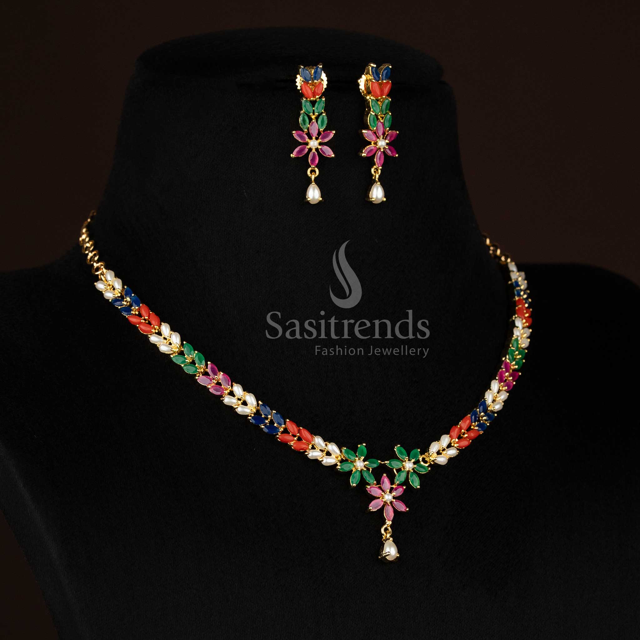 Glamorous micro gold plated Pearl-Navarathna American diamond and pearl floral leaf necklace set perfect for evening occasions and celebratory styling - Sasitrends