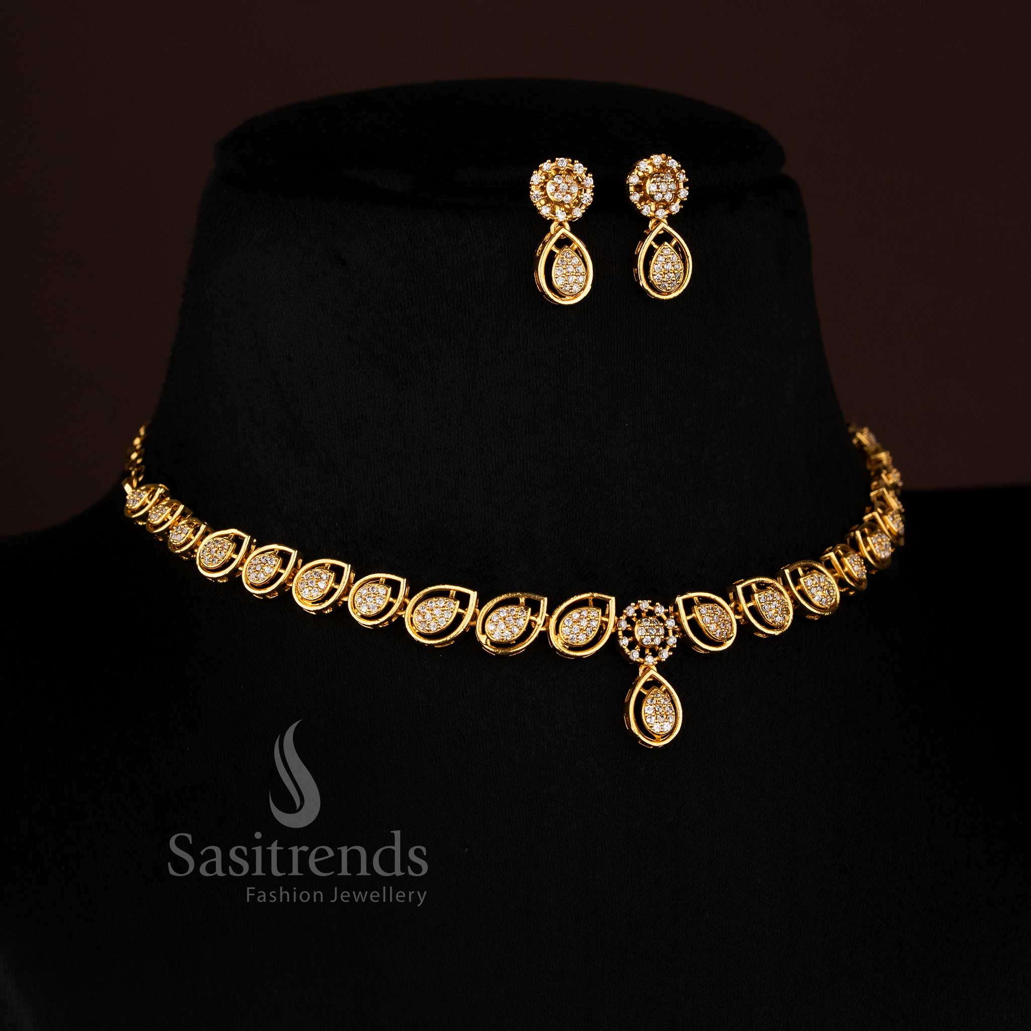 Attractive micro gold plated teardrop necklace with white American Diamond stones, designed to enhance weddings, festivals, and party jewellery - Sasitrends