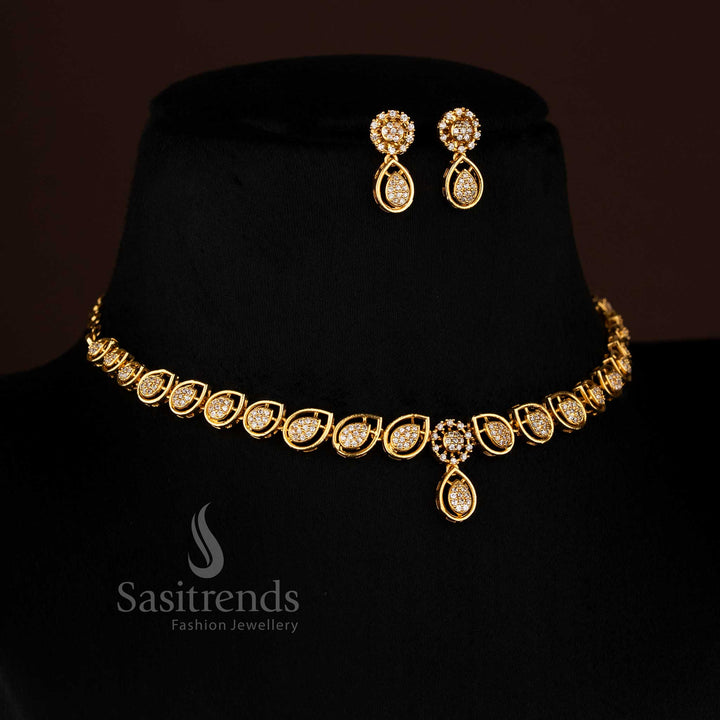 Attractive Micro Gold Plated American Diamond Teardrop Necklace Set for Weddings, Festivals, and Party Occasions