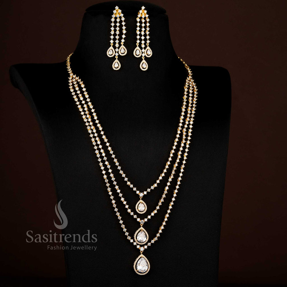 Radiant white American diamond three tier teardrop stone necklace jewellery set with micro gold finish ideal for party evenings – Sasitrends