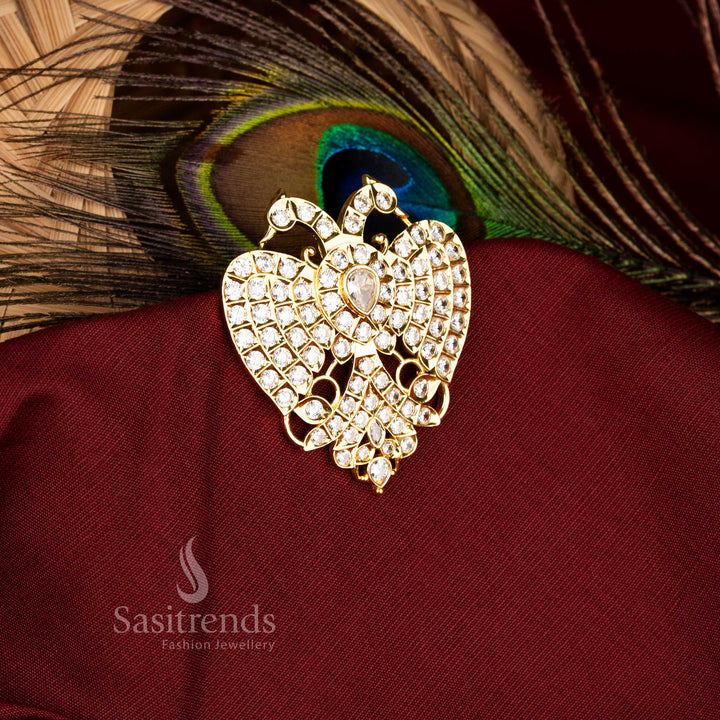 Exquisite Micro Gold Plated Gandaberunda Pendant in White with Dual Peacock and Heart Design Kemp Stones, Perfect for Festive Ethnic Jewellery – Sasitrends