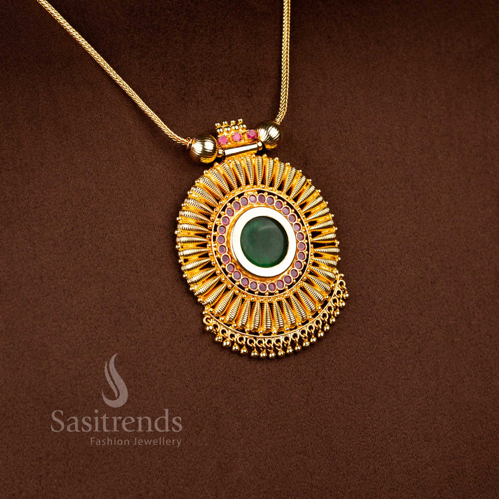 Micro gold plated heritage green Palakka chakra pendant designed with traditional golden ball hangings for festive and temple attire – Sasitrends