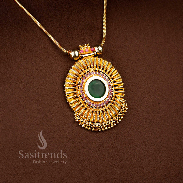 Micro gold plated heritage green Palakka chakra pendant designed with traditional golden ball hangings for festive and temple attire – Sasitrends