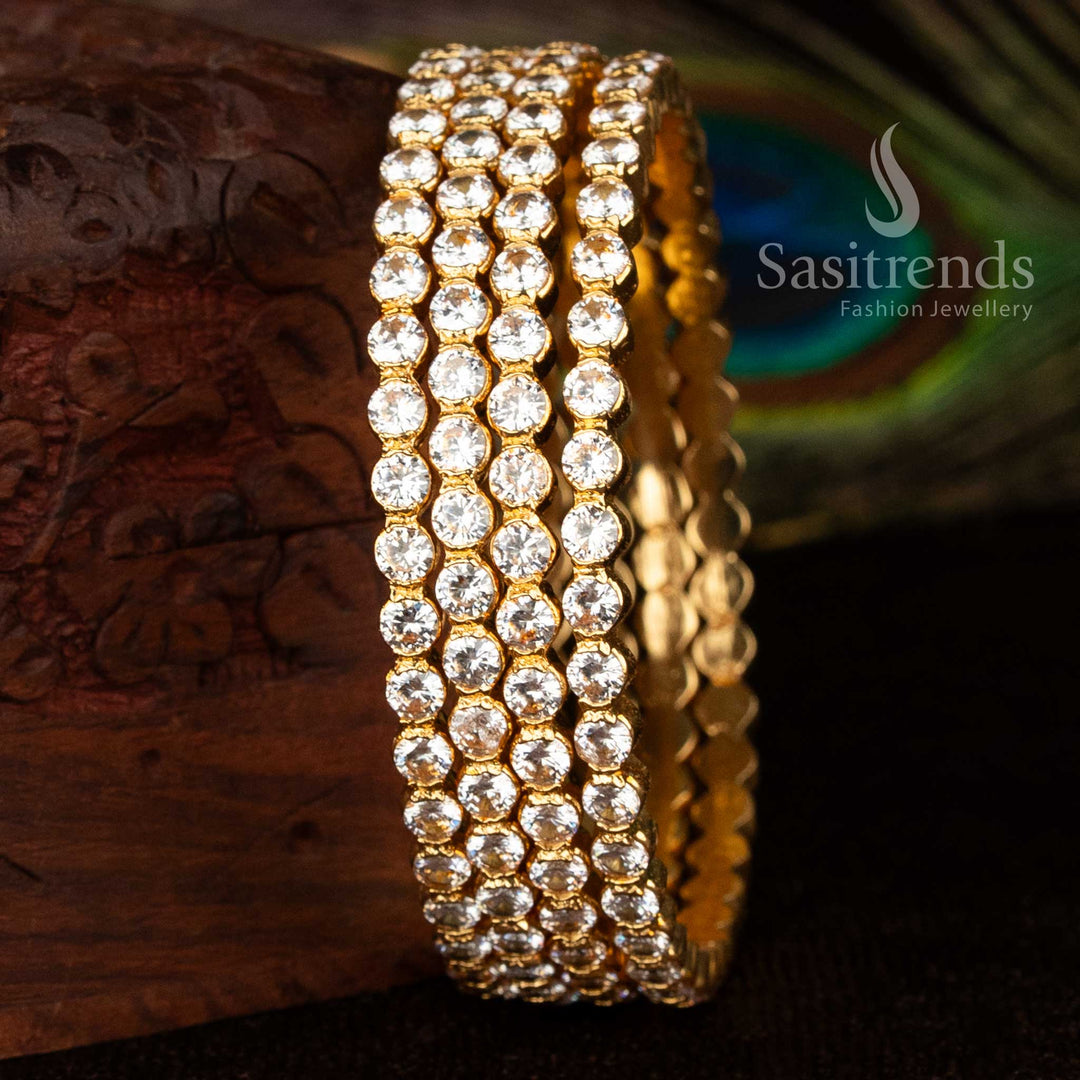 White micro gold plated Kemp bangles with American Diamond round stone setting, perfect for traditional festive wear jewellery – Sasitrends