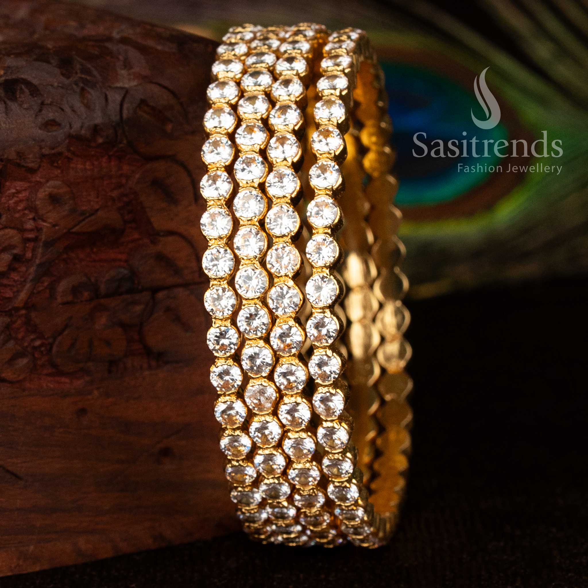 White micro gold plated Kemp bangles with American Diamond round stone setting, perfect for traditional festive wear jewellery – Sasitrends