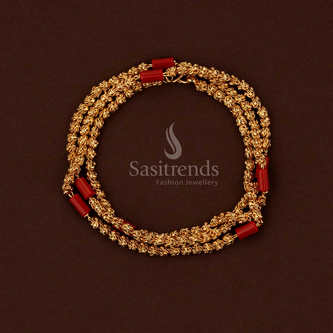 Exquisite micro gold plated Dasavatharm chain featuring coral beads ideal for South Indian temple rituals and festive cultural attire – Sasitrends