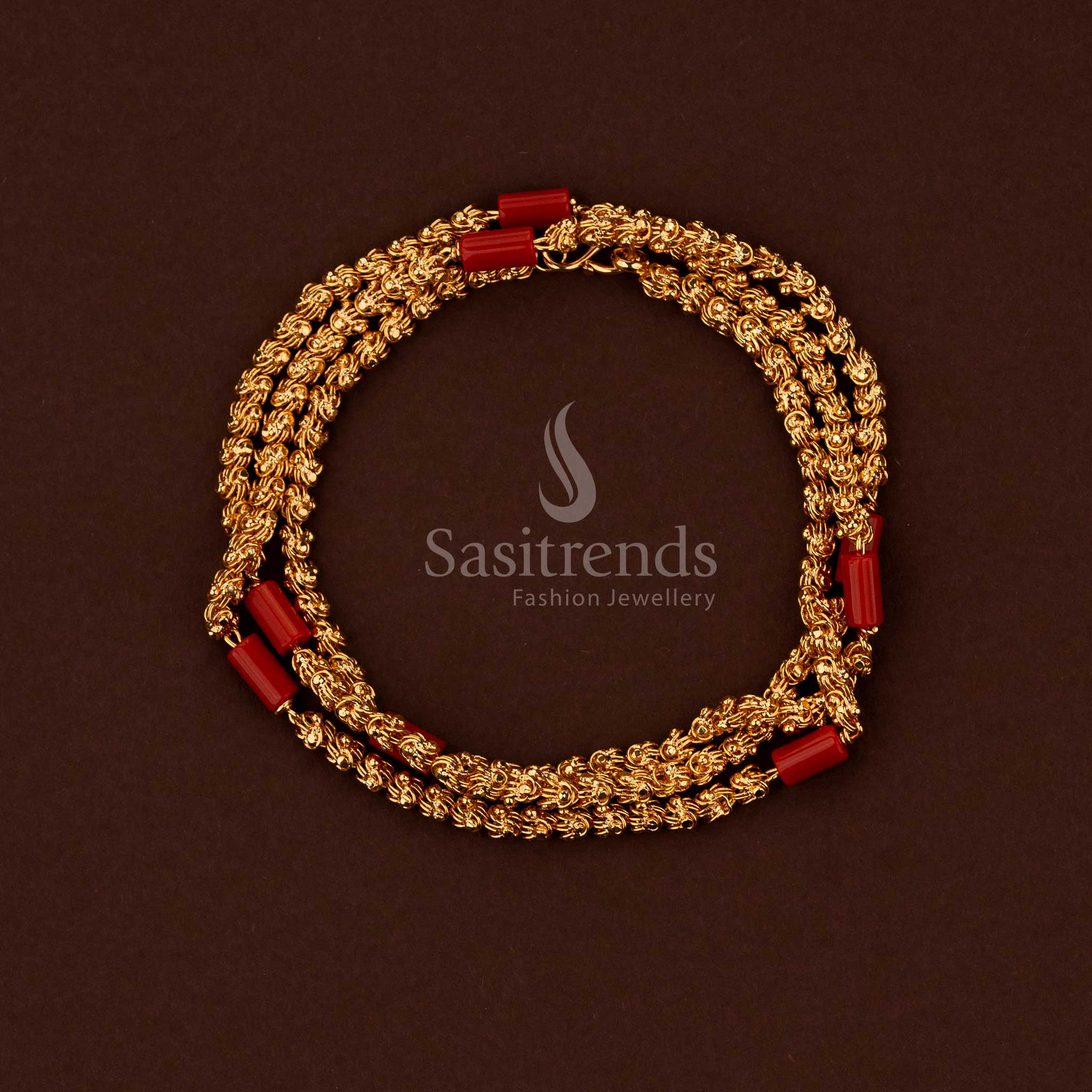 Exquisite micro gold plated Dasavatharm chain featuring coral beads ideal for South Indian temple rituals and festive cultural attire – Sasitrends