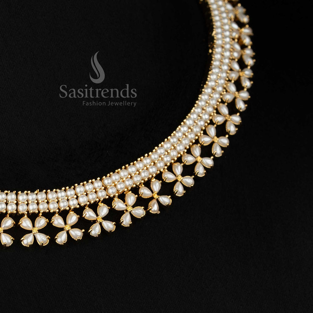 LustreWave micro gold plated pearl double linear necklace featuring four petal teardrop American diamonds for festive soirées and party styling-Sasitrends