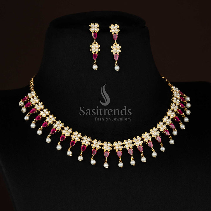 Elegant Micro Gold Plated American Diamond 4 Fringes Floral Teardrop Necklace Set with Pearl Drops for Festive Wear