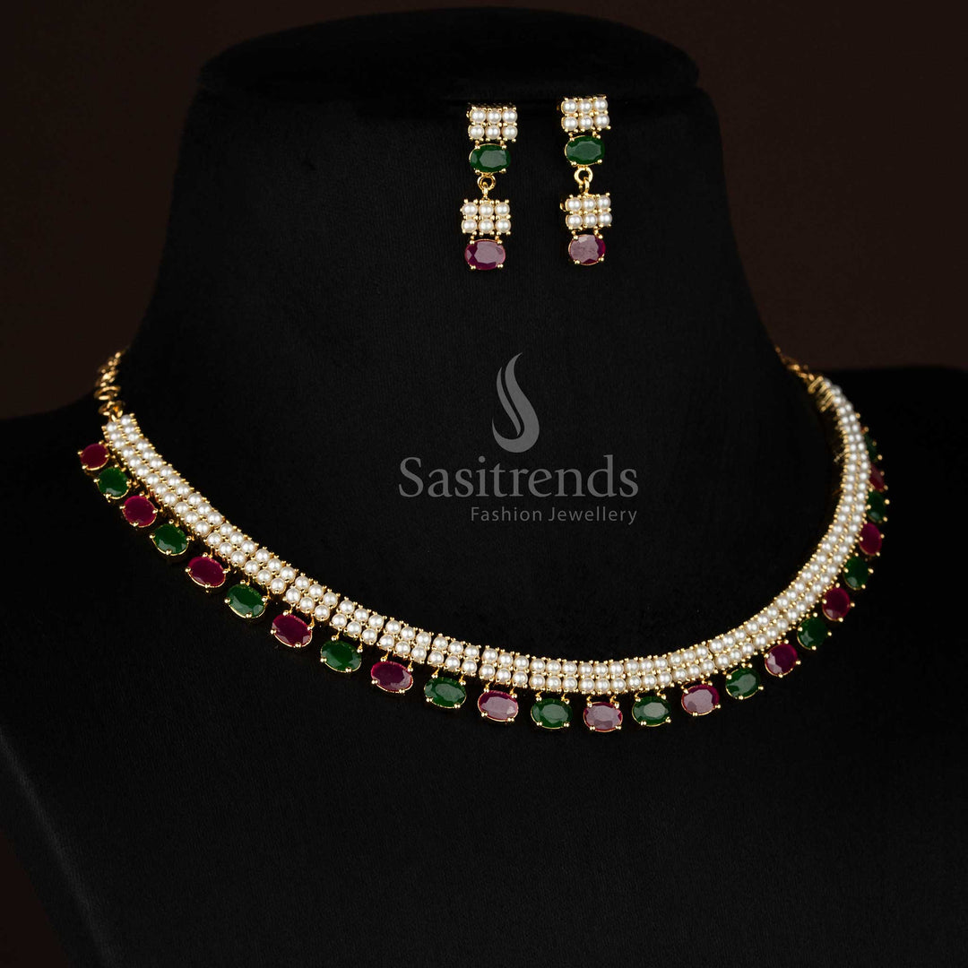RadiantCascade micro gold plated pearl ruby green double linear cut pearl necklace with oval accents for glamorous party evenings - Sasitrends