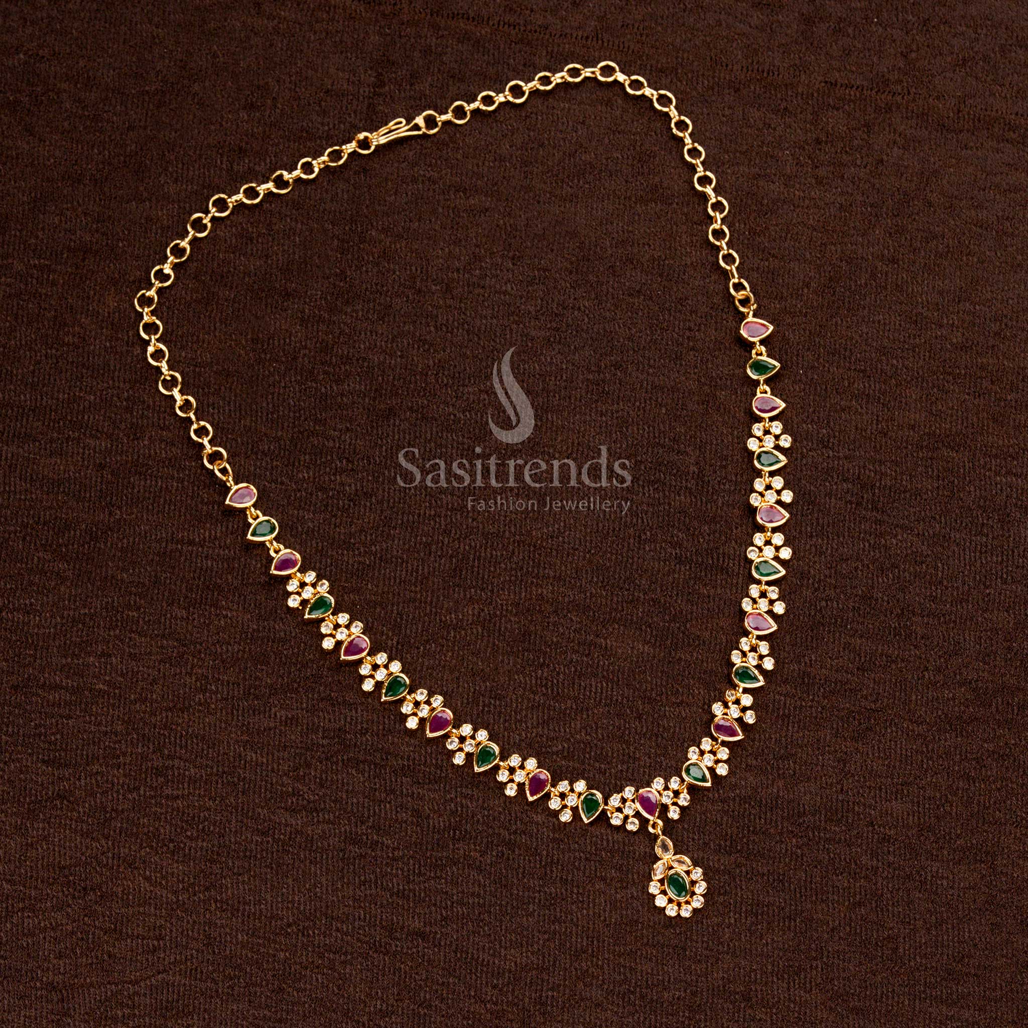 Classic One Gram Jewellery AD Teardrop Floral Necklace Set, Half Flower Cluster Chain, High-Quality Craftsmanship – Sasitrends