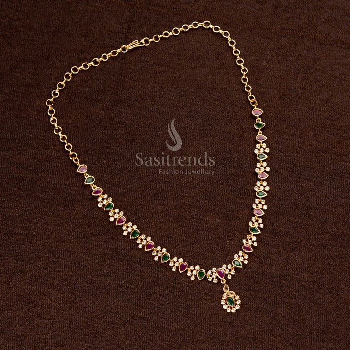 Classic One Gram Jewellery AD Teardrop Floral Necklace Set, Half Flower Cluster Chain, High-Quality Craftsmanship – Sasitrends