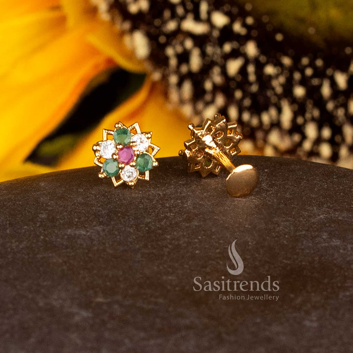 Regal Micro Gold Plated AD Floral Cluster Stud Earrings with Filigree Edge in Multi Color, Perfect for Party and Festive Jewellery – Sasitrends
