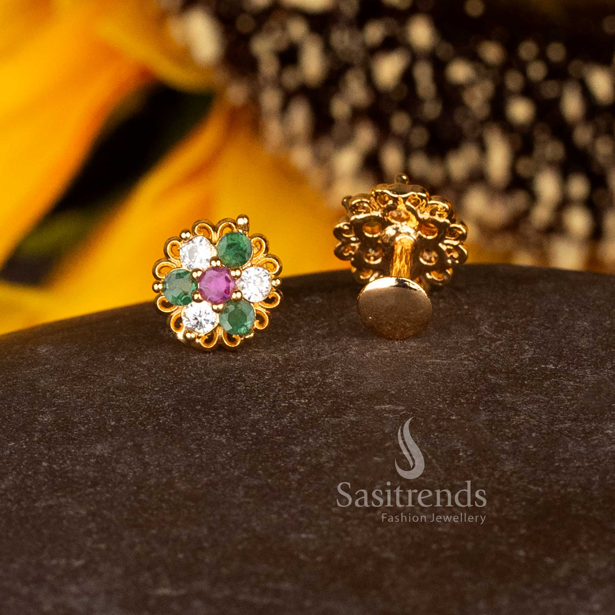 Elegant Micro Gold Plated AD Floral Cluster Stud Earrings with Filigree Edge in Multi Color, Perfect for Party and Festive Jewellery Wear – Sasitrends