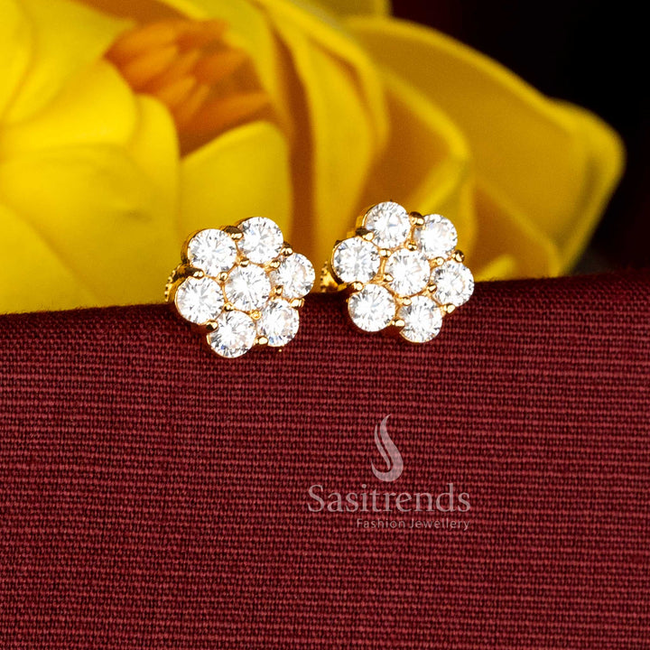 Graceful Micro Gold Plated AD Floral Pearl & Pavalam Stud Earrings | Guaranteed One Gram Finish