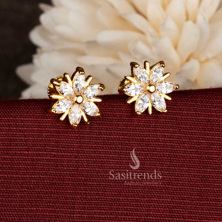 Guaranteed Micro Gold Plated AD Marquise Pinwheel Floral Pearl & Pavalam Stud Earrings for Traditional wear