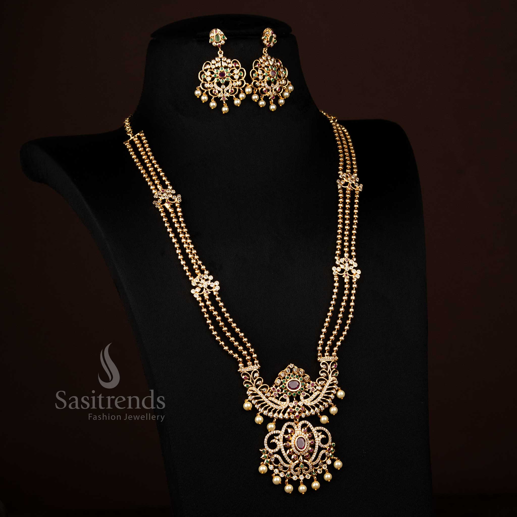 Luxurious guaranteed micro gold plated AD peacock floral multi-colour 3-layer haram necklace ideal for party and festive occasions – Sasitrends