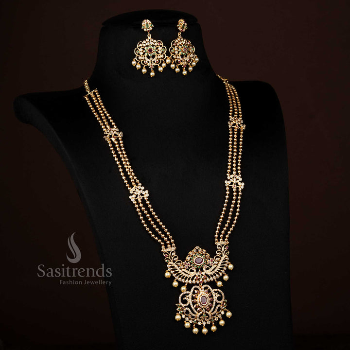 Wonderful Micro Gold Plated AD Peacock Floral 3 Layer Long Haram Necklace Jewellery Set for Festive Wear - Guaranteed