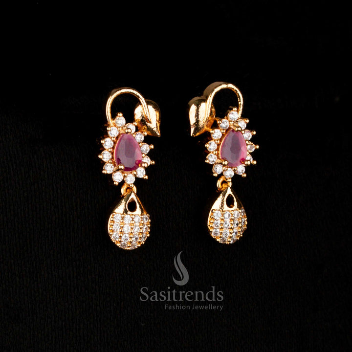 Dual-tone elegance micro gold AD teardrop drop earrings with white and ruby stones, ideal for bridal wear and festive sophistication – Sasitrends