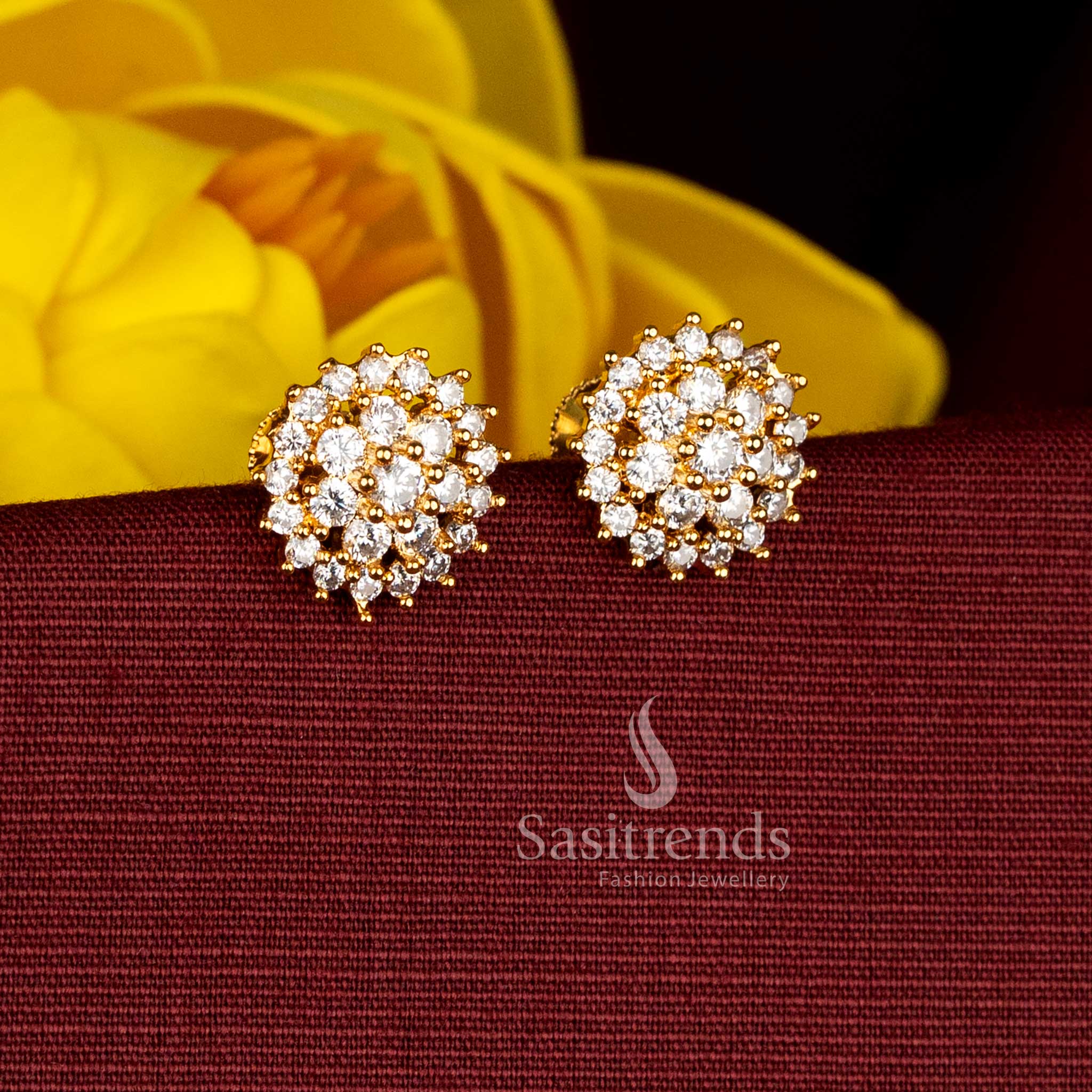 Premium white micro gold plated AD circular flower stud earrings designed for ceremonial and traditional occasions, ideal with silk saree and half saree dressing - Sasitrends