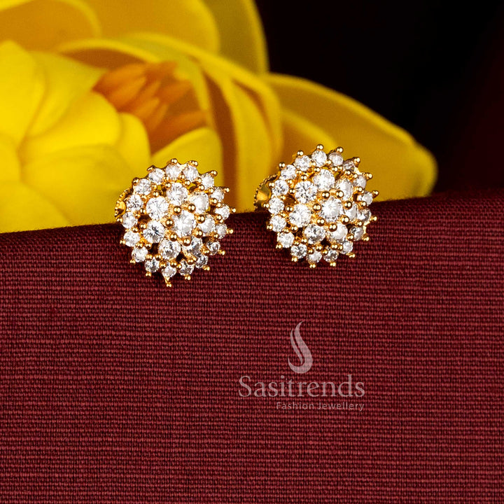 One Gram Micro Gold Plated AD Circular Floral Screw Type Stud Earrings for Traditional Wear