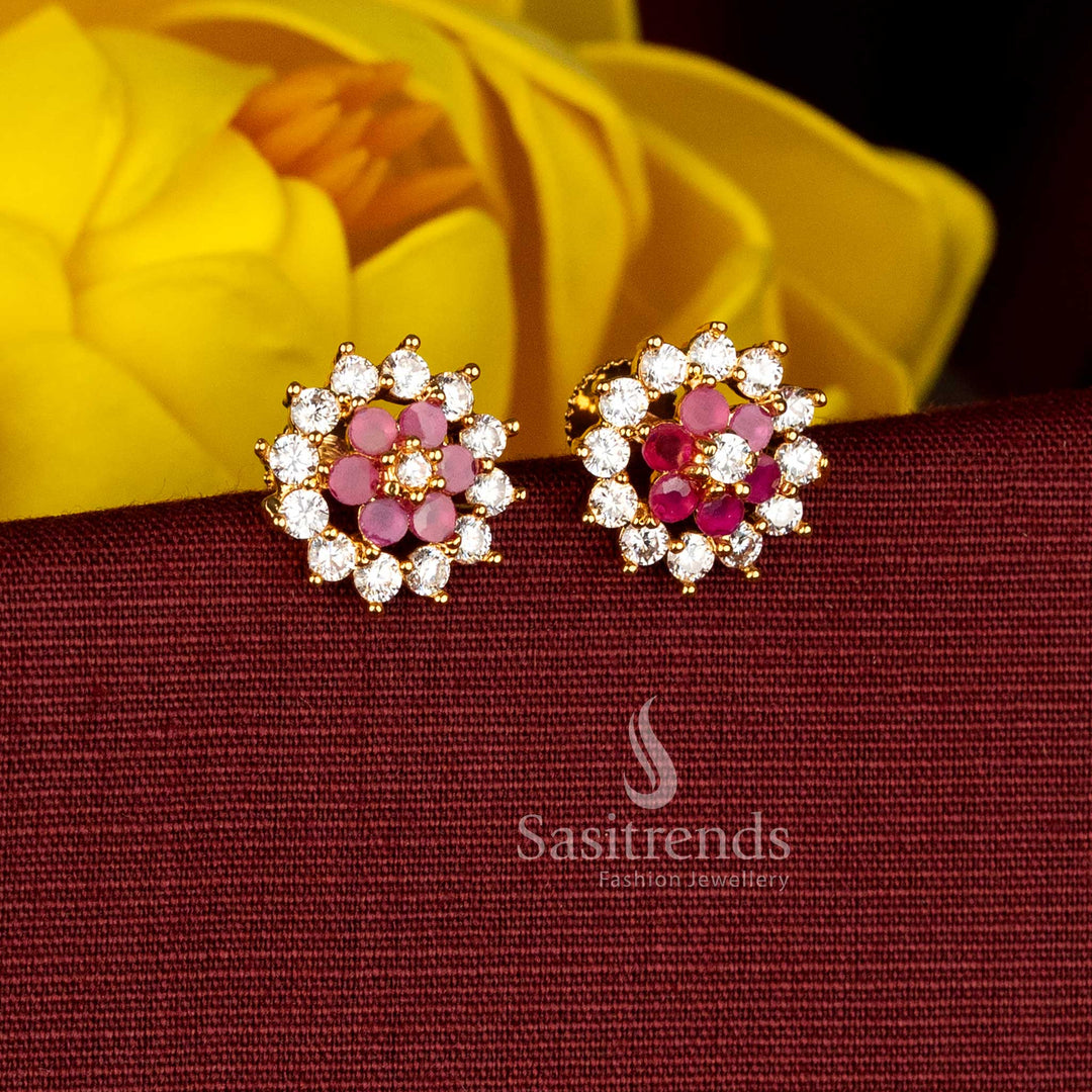 Opulent micro gold plated AD white-ruby floral screw stud earrings with delicate pearl accents, perfect for festive occasions, ceremonial dressing, and pairing with silk saree or half saree ensembles - Sasitrends