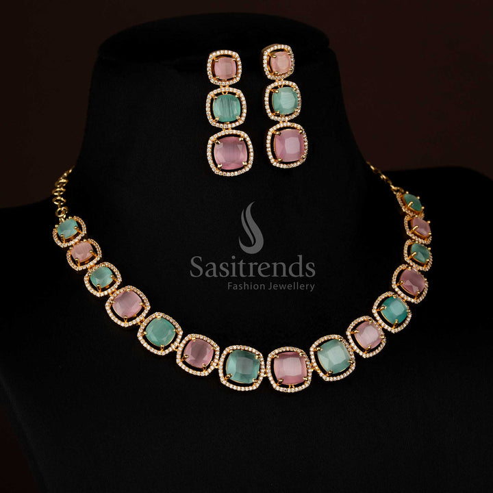 Radiant micro gold plated American Diamond pink-mint square stone necklace set ideal for traditional events and special gatherings – Sasitrends