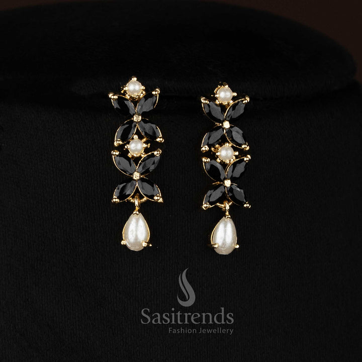 Mystic micro gold plated black four petal AD floral earrings with pearls designed for party styling and bold ethnic looks -Sasitrends