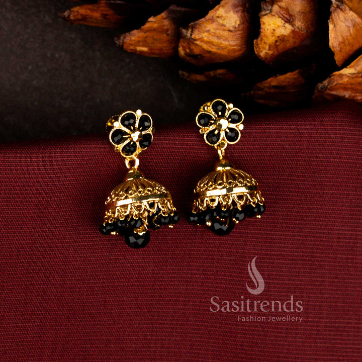 Majestic micro gold plated earrings in black crafted with detailed filigree flowers and decorative fringe dome pearl styling – Sasitrends