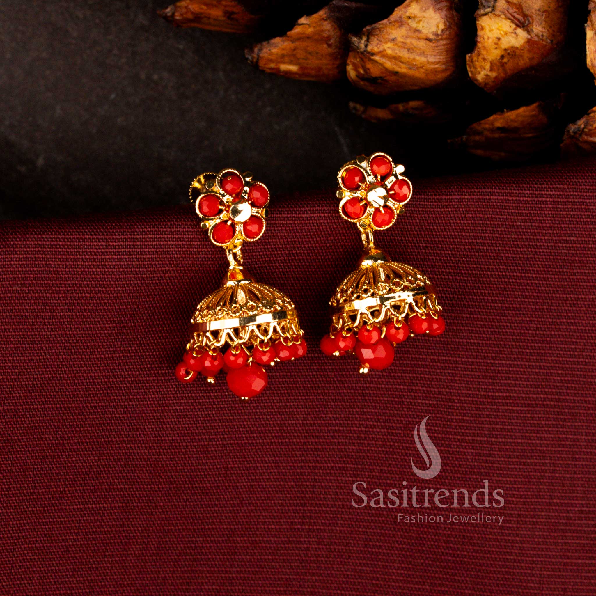 Grand micro gold plated earrings in pavalam featuring artistic filigree flower work with detailed fringe dome pearl accents – Sasitrends