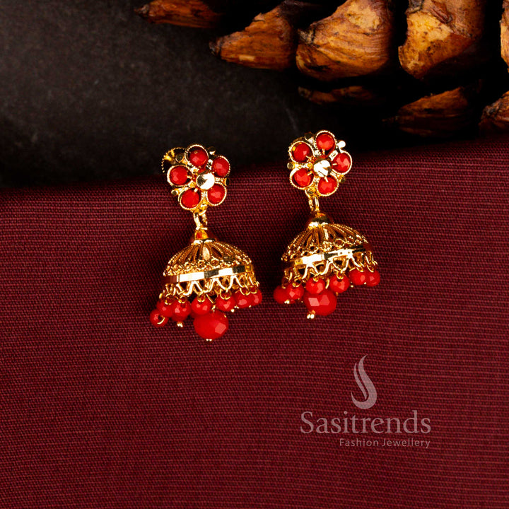 Grand micro gold plated earrings in pavalam featuring artistic filigree flower work with detailed fringe dome pearl accents – Sasitrends