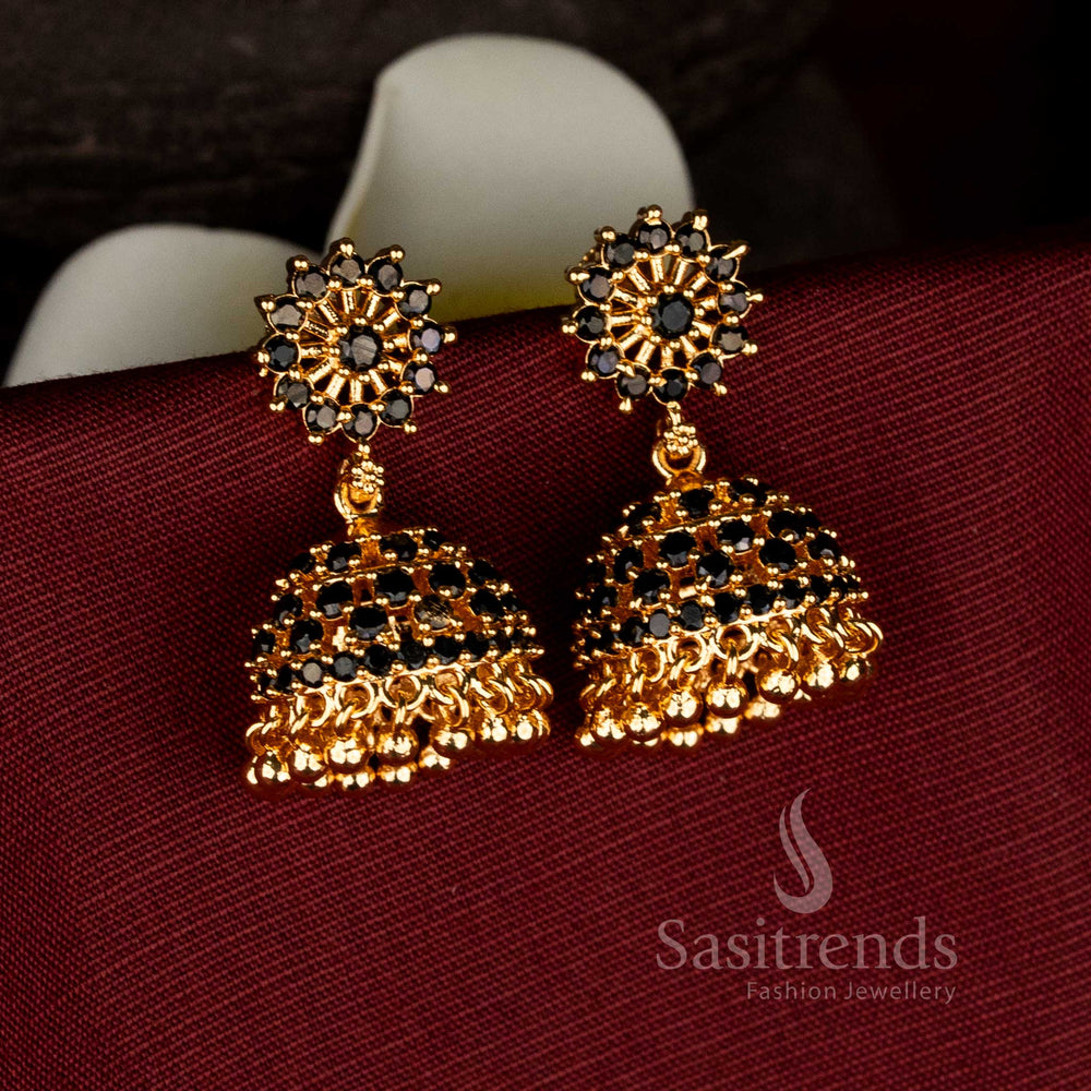 Mystic traditional micro gold plated black AD flower jhumkas with golden ghungroos for festive - luxury jewellery - Sasitrends