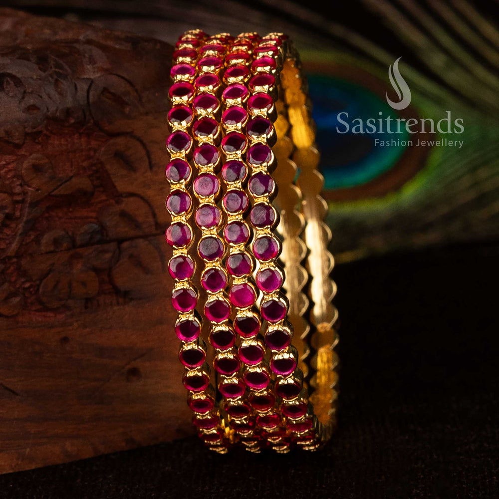 Ruby micro gold plated Kemp bangles with sparkling American Diamond round stones for family and festive traditional wear jewellery – Sasitrends