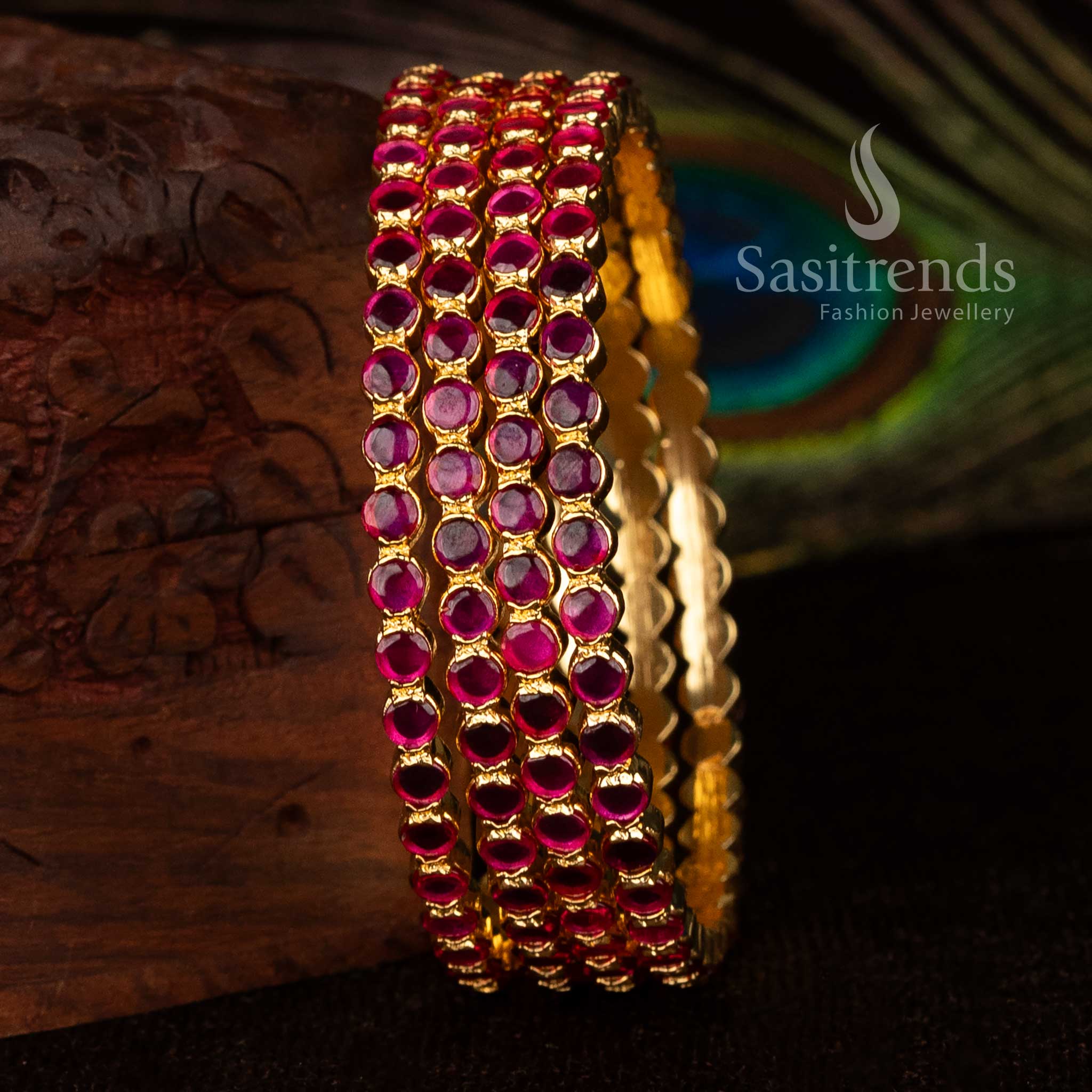 Ruby micro gold plated Kemp bangles with sparkling American Diamond round stones for family and festive traditional wear jewellery – Sasitrends