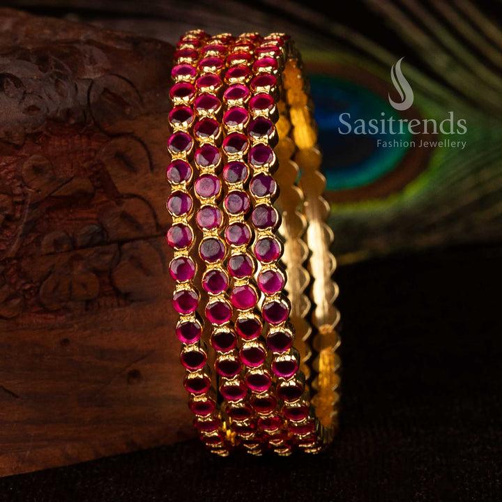 Ruby micro gold plated Kemp bangles with sparkling American Diamond round stones for family and festive traditional wear jewellery – Sasitrends