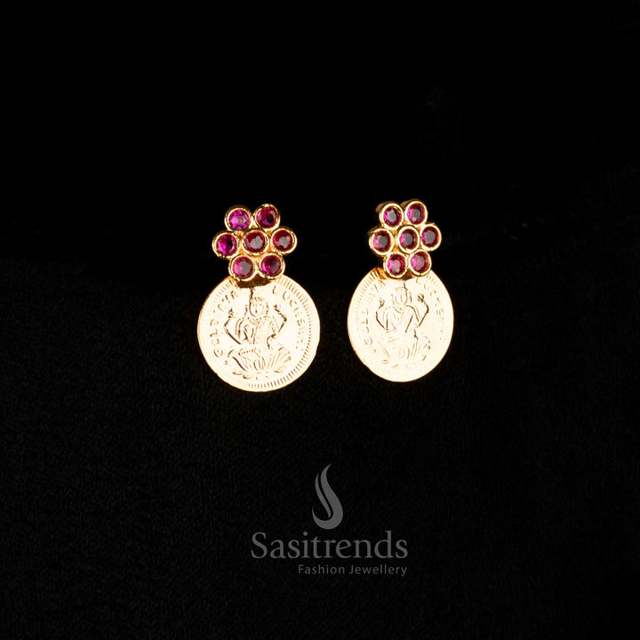 Regal micro gold plated Lakshmi coin earrings styled for Kerala ceremonial wear and festive grandeur - Sasitrends