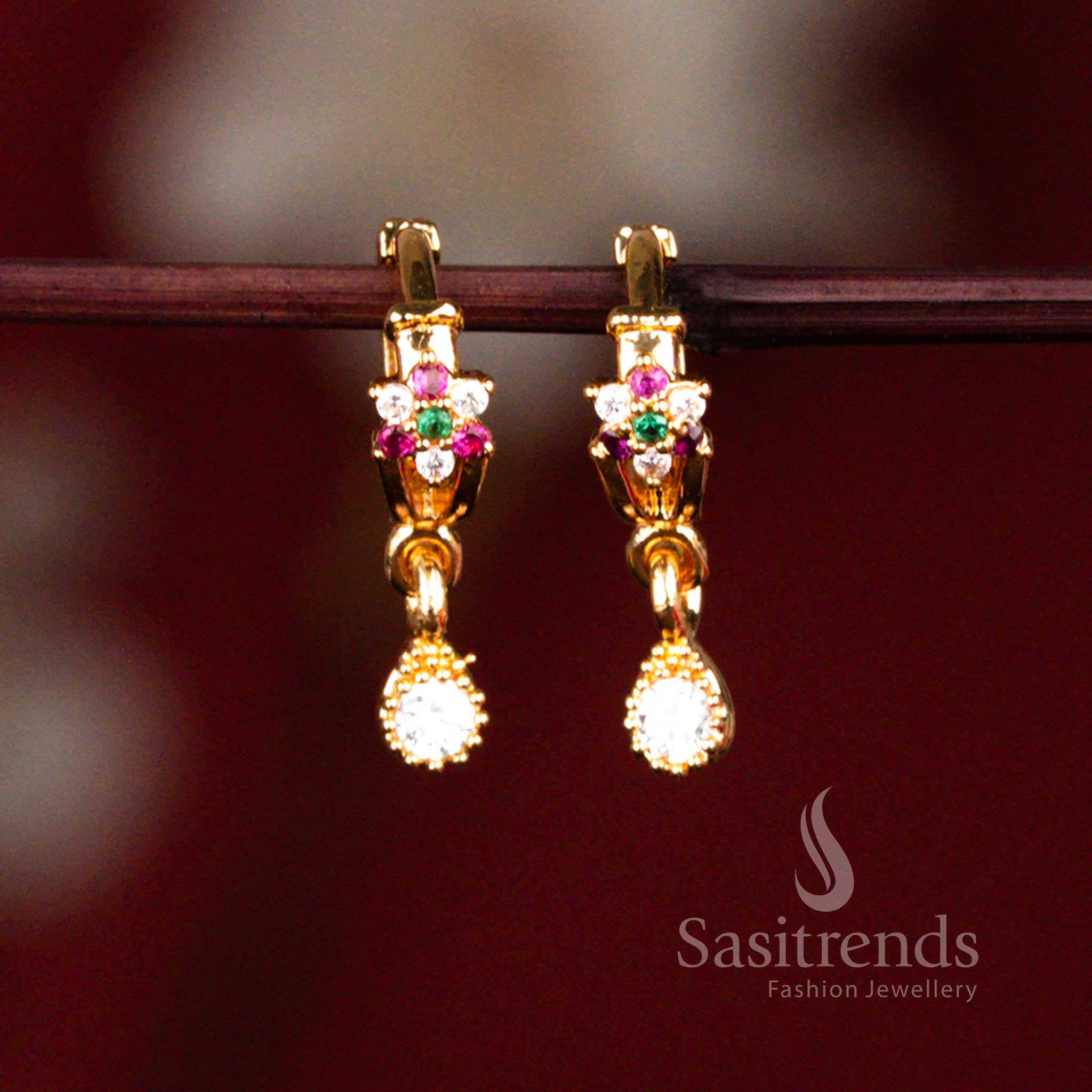 Elegant micro gold plated AD ring style hinged stud earrings decorated with lively multi colour stones for traditional and festive occasions – Sasitrends