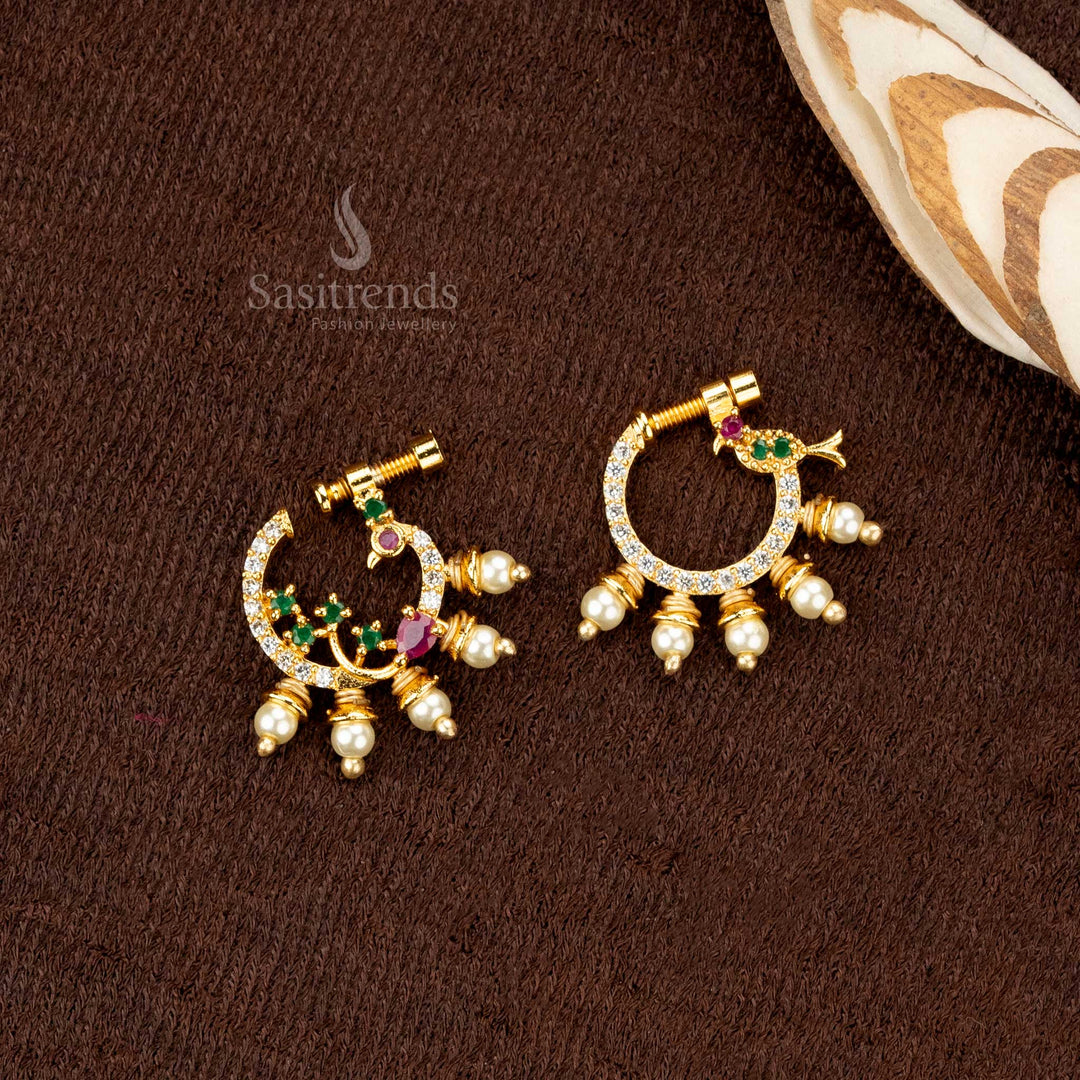 Classic Peacock AD Stone Nosepins with Hanging Pearls – Sasitrends