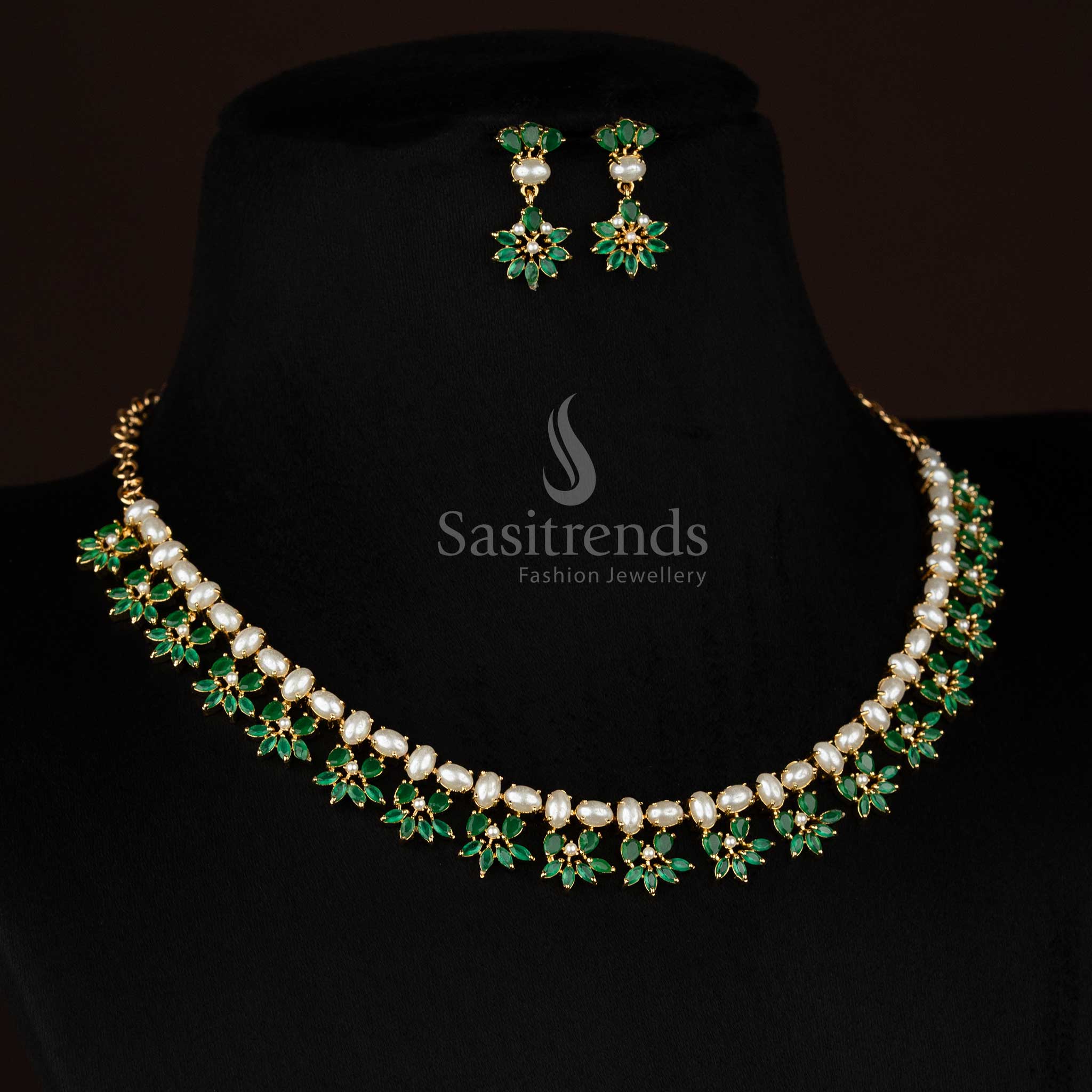 LushBloom micro gold plated pearl green leaf floral oval cluster necklace set curated for festive party styling - Sasitrends