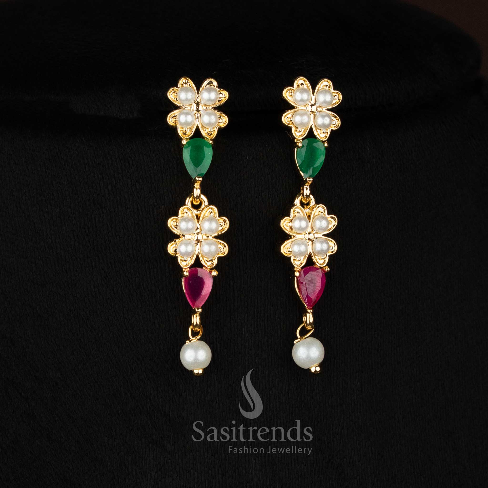 Micro gold plated pearl ruby green 4 fringes floral teardrop AD earrings paired with pearl drops for party occasions - Sasitrends