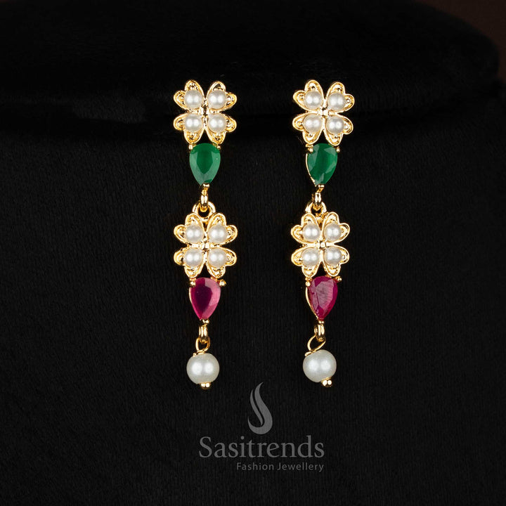 Micro gold plated pearl ruby green 4 fringes floral teardrop AD earrings paired with pearl drops for party occasions - Sasitrends