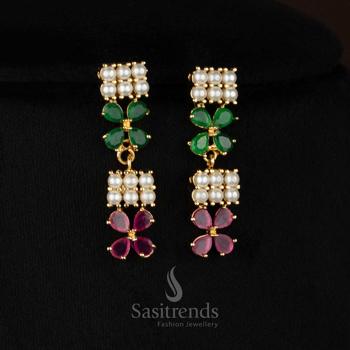 Opaline Charm micro gold plated pearl ruby green double linear earrings with four petal teardrop AD accents ideal for celebration styling-Sasitrends