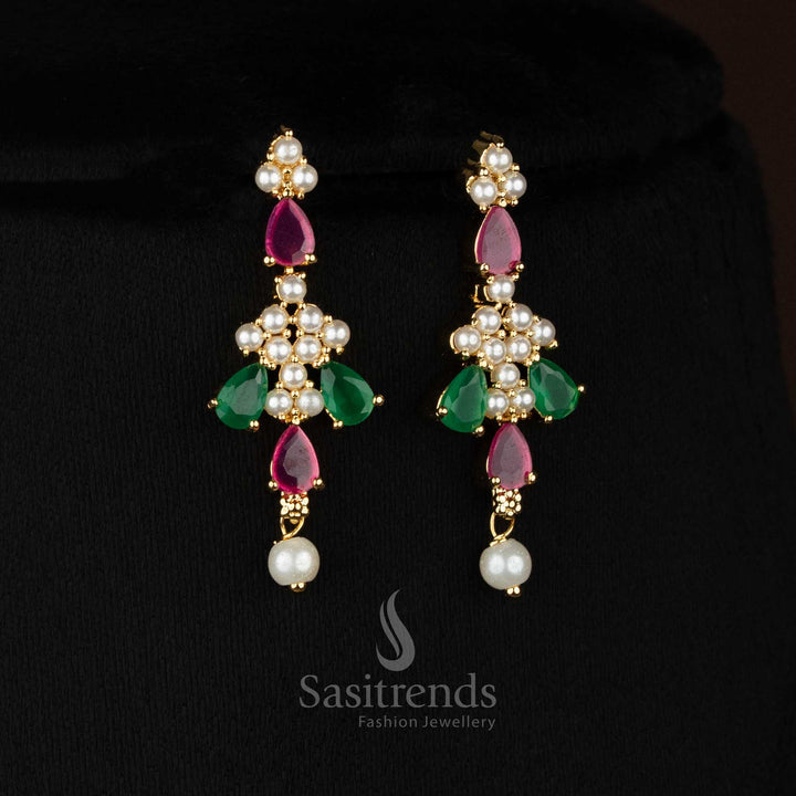 AuraCraft styled micro gold plated pearl ruby green triangle teardrop AD earrings finished with pearl drops for night gatherings - Sasitrends