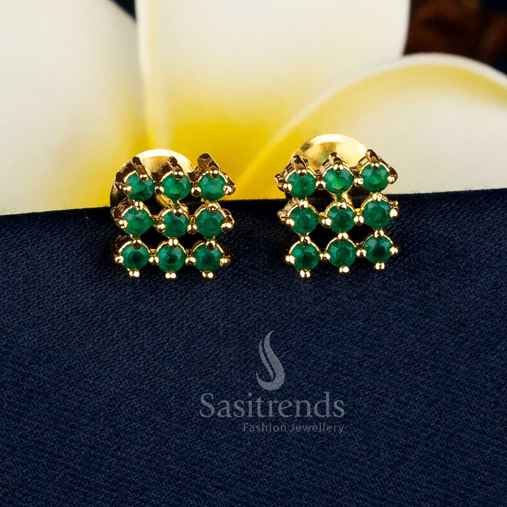Stylish micro gold plated square earrings with green AD stones and luxe accents, ideal for temple events, cultural gatherings, and evening styling – Sasitrends