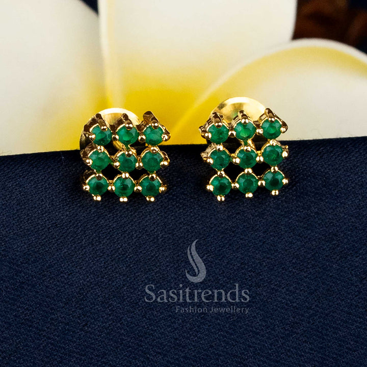 Stylish micro gold plated square earrings with green AD stones and luxe accents, ideal for temple events, cultural gatherings, and evening styling – Sasitrends